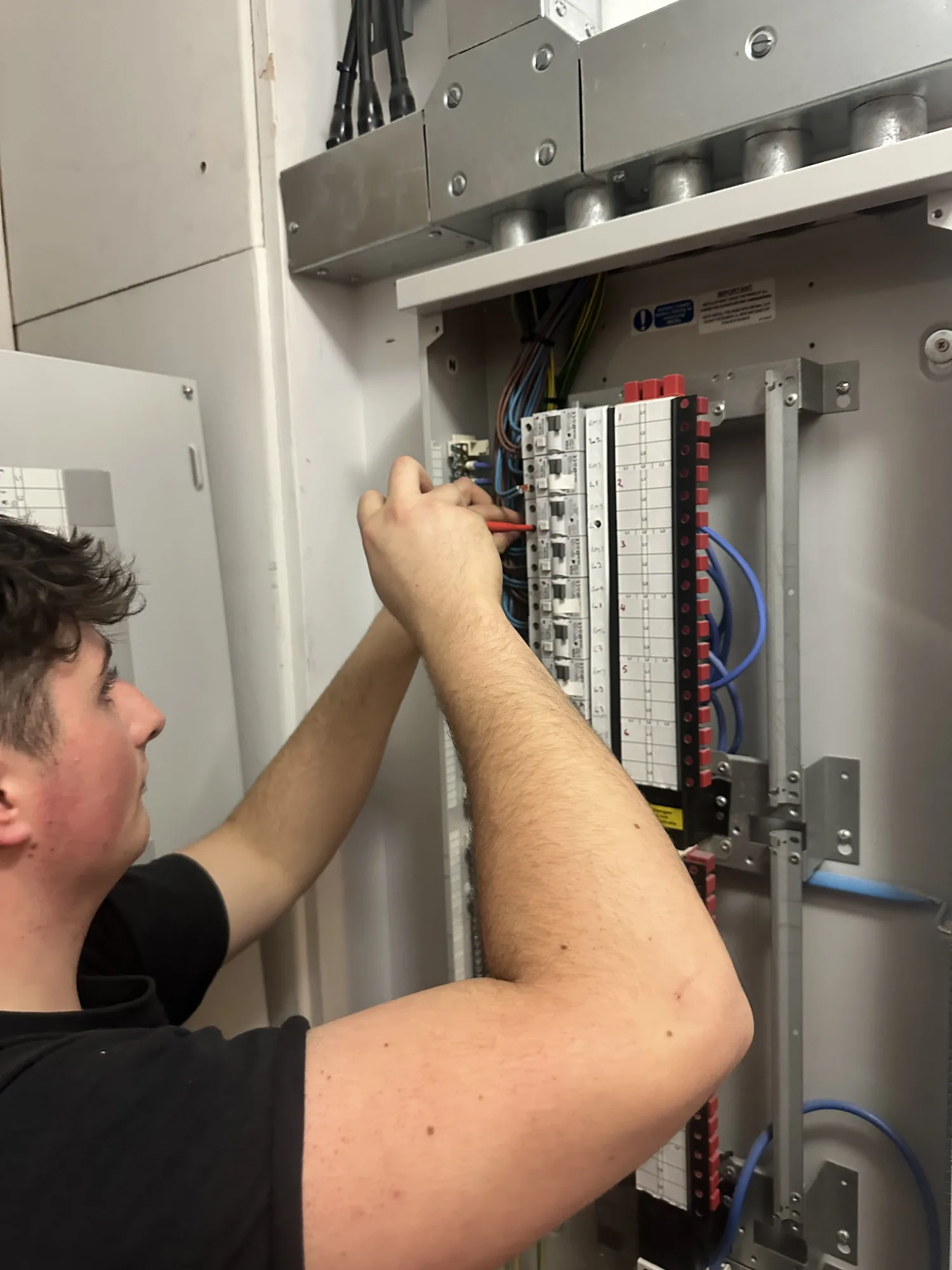 Electrician connecting a new consumer unit with labelled circuit breakers